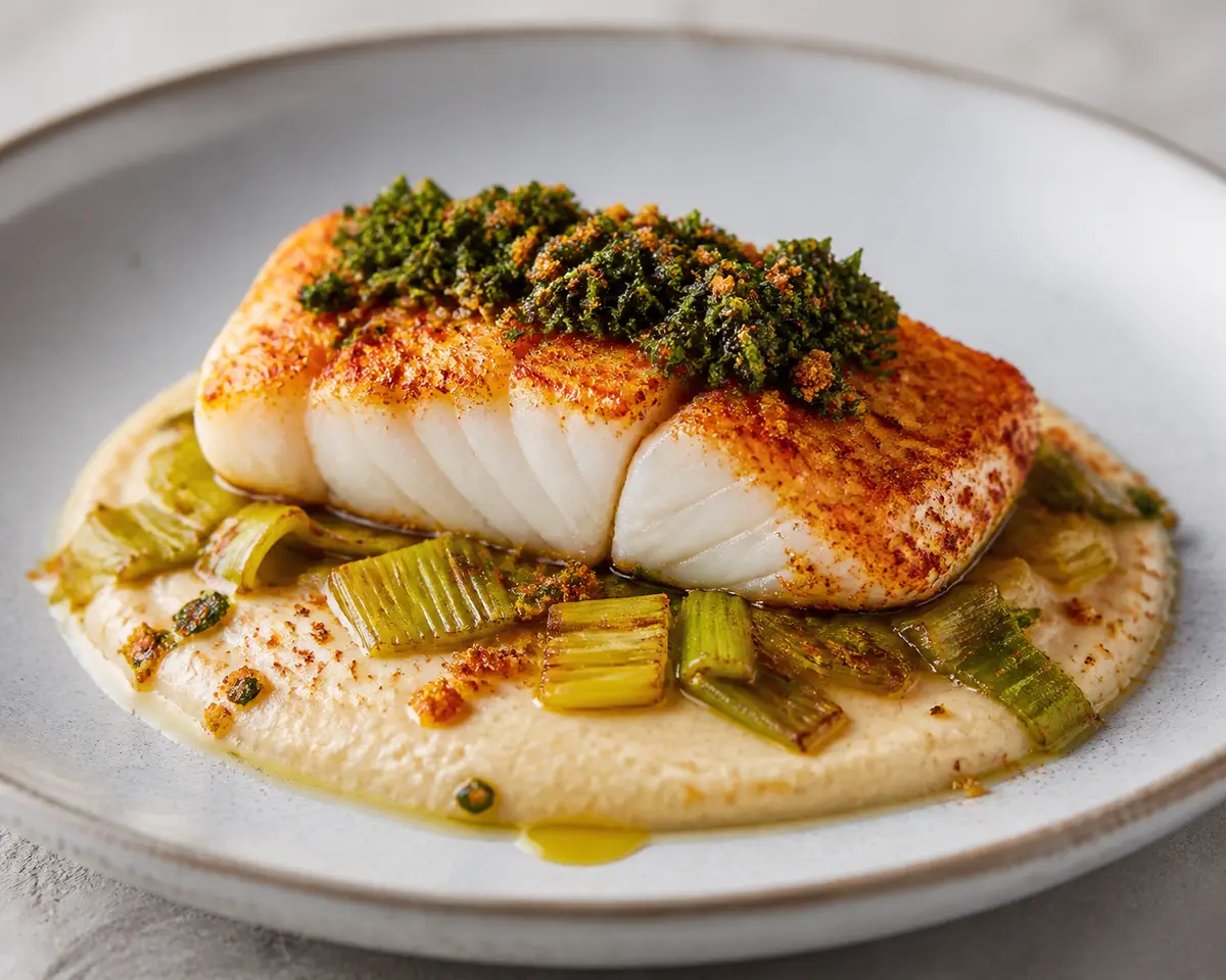 Sweet Paprika Cod with Warm White Bean Cream, Golden Leeks, and Crispy Parsley Crumbs
