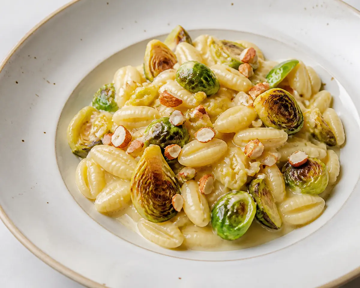 Creamy cavatelli with browned Brussels sprouts, preserved lemon and taleggio with toasted almonds