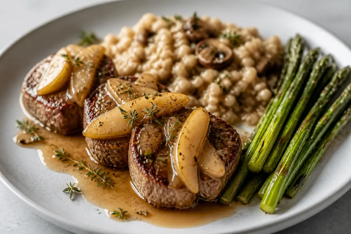 Beef Medallions with Golden Pear Thyme Sauce, Savory Mushroom Oats, and Seared Asparagus