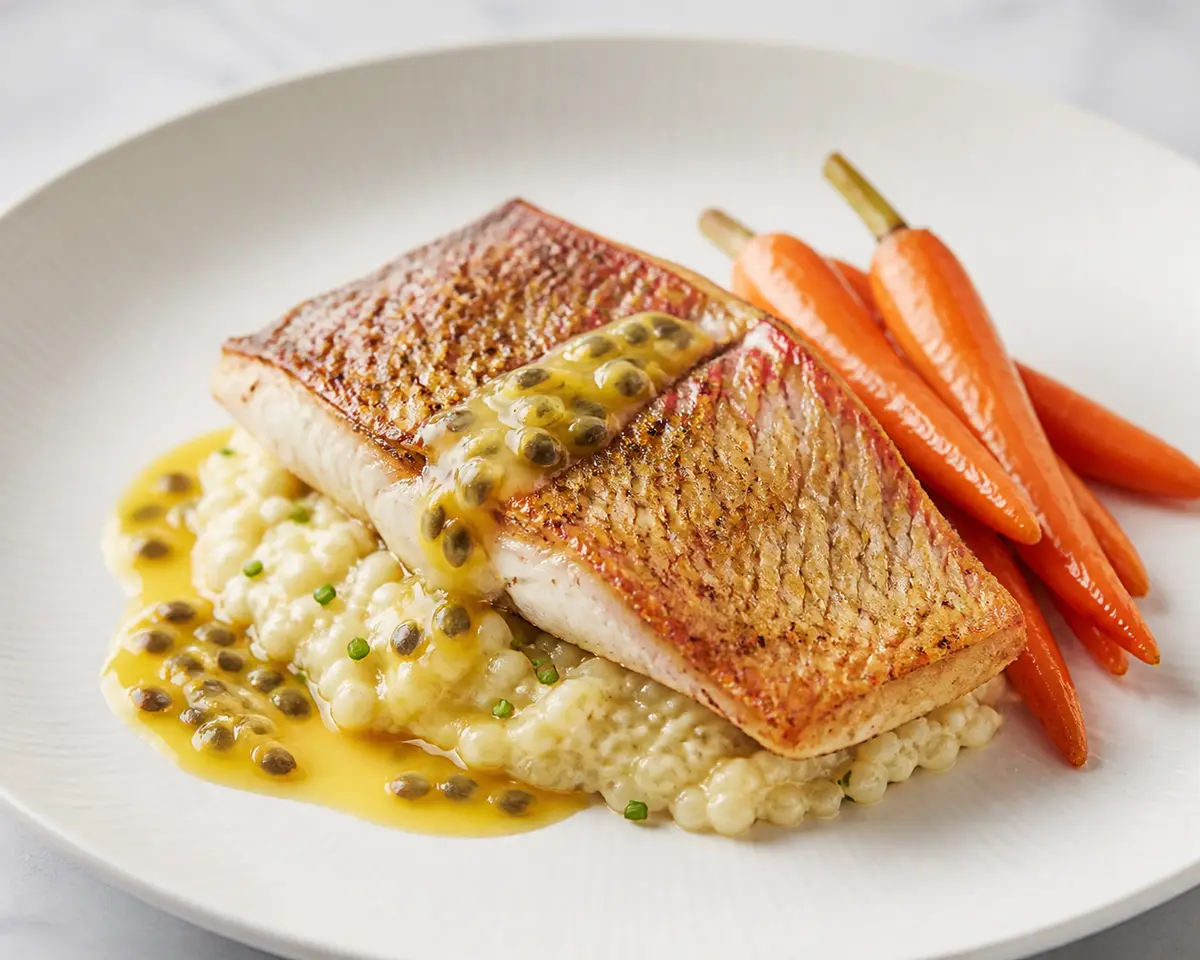 Pargo dorado con beurre blanc de maracuyá, mijo cremoso con cebollín y zanahorias baby laqueadas