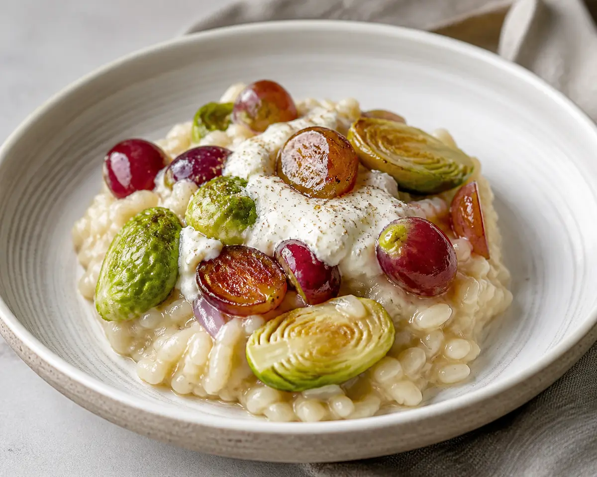 Creamy rice with roasted Brussels sprouts, sautéed red grapes, and light goat cheese cream with nutmeg
