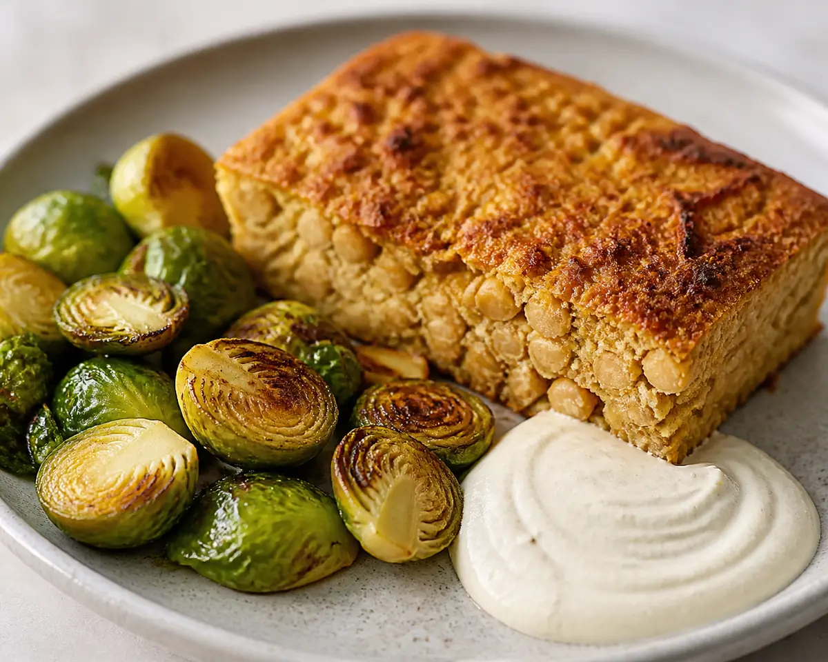 Pastel de garbanzos especiados con coles de Bruselas asadas y crema de yogur tahini