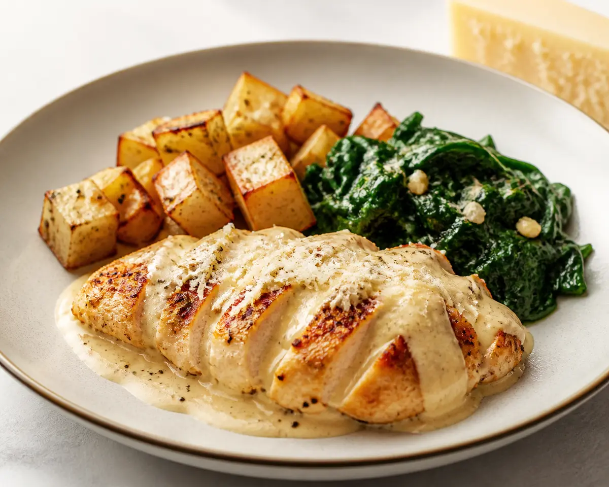 Pollo Keto en Salsa de Gouda Curado, Apio Nabo Asado y Espinacas al Ajo