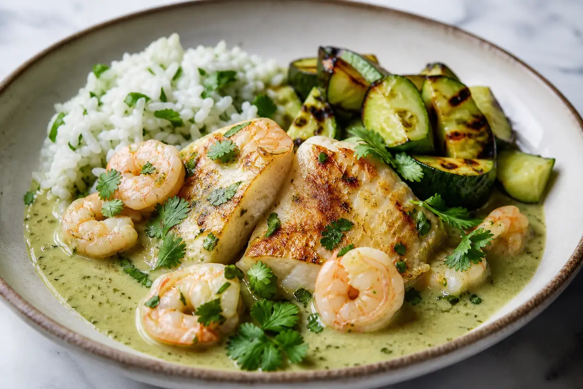 Corvina and Shrimp Skillet with Green Coconut Sauce, Cilantro Rice, and Charred Cucumber