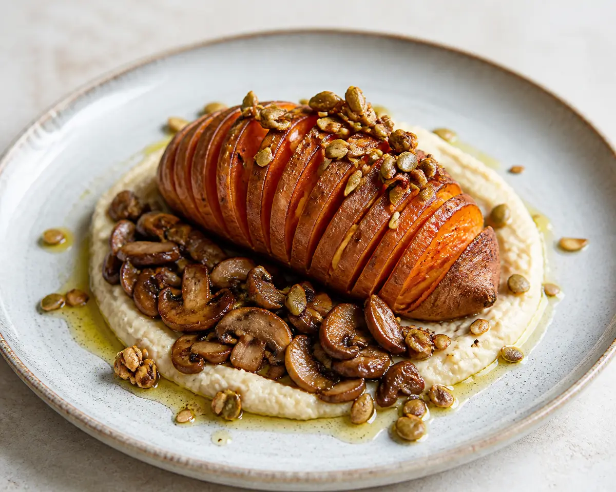 Hasselback sweet potatoes with lemon white bean cream, balsamic mushrooms, and savory seed granola