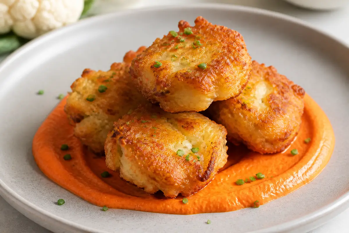 Tortitas de coliflor y queso manchego con crema de pimiento asado y cebollín