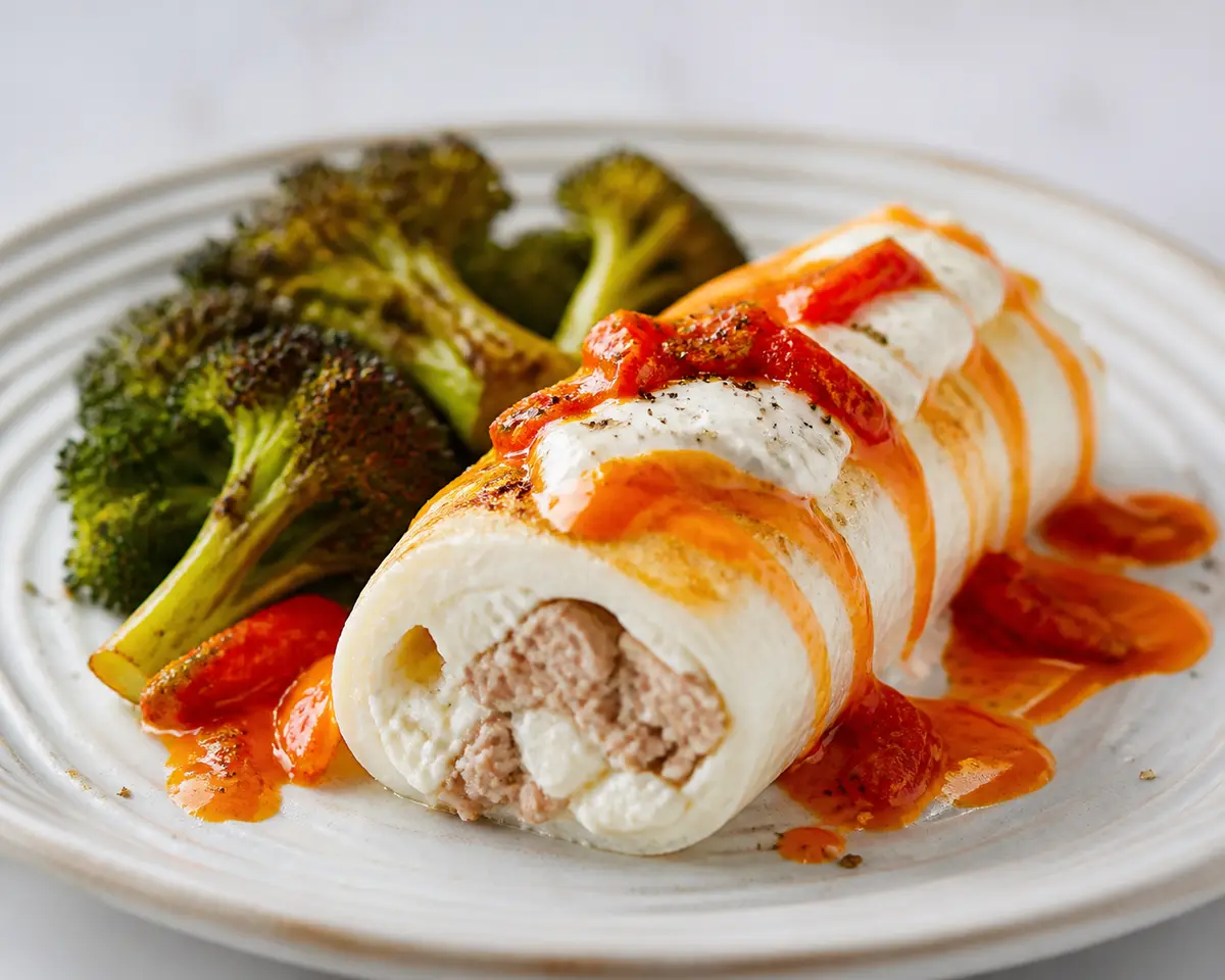 Tortilla Rulada de Claras y Pavo con Crema de Requesón, Brócoli Tostado y Salsa Tibia de Pimiento