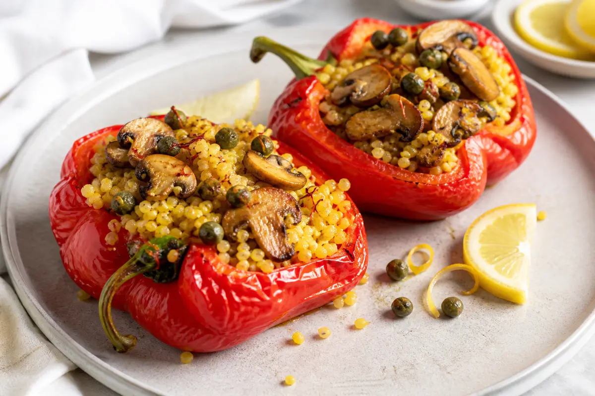 Pimientos asados rellenos de mijo cremoso al azafrán, setas al limón y crujiente de alcaparras