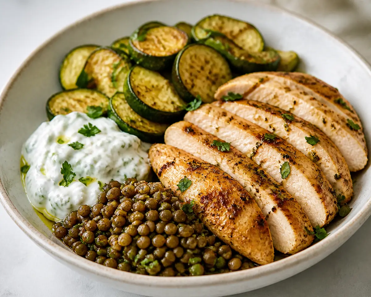 Pollo al comino y limón con calabacín asado, yogur de hierbas y lentejas tibias