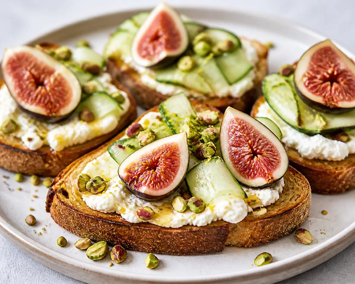 Tostadas exprés de ricotta batida al limón con higos frescos, pepino y pistacho crujiente