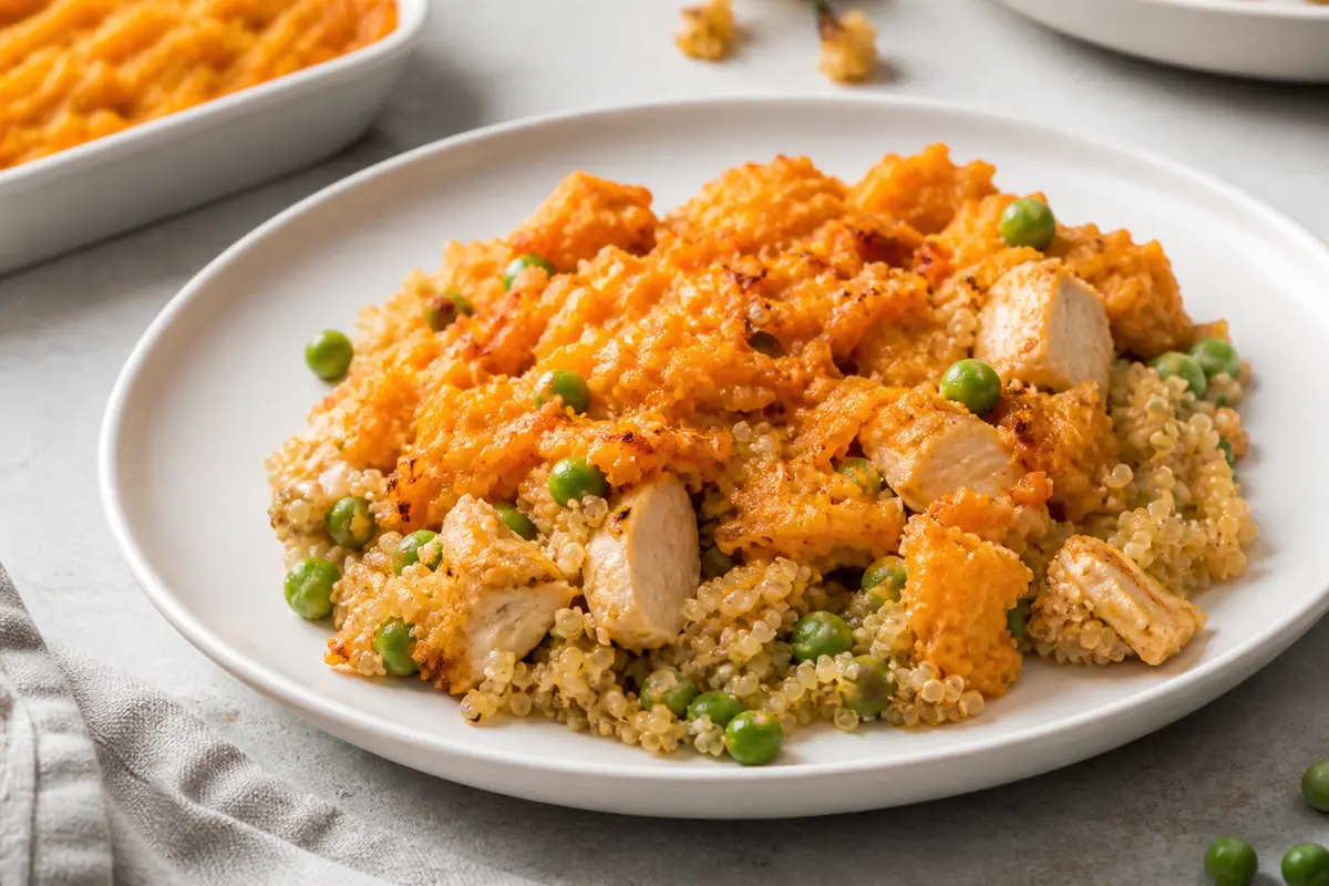 Family Quinoa Bake with Roasted Garlic Chicken, Peas, and Sweet Potato Cheese Topping
