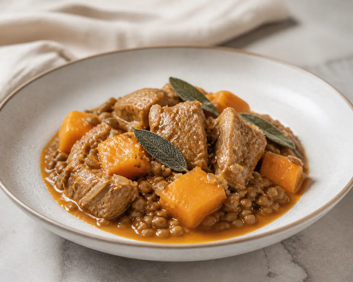 Slow Cooker Pork with Butternut Squash, Brown Lentils, and Orange Paprika Sage Sauce