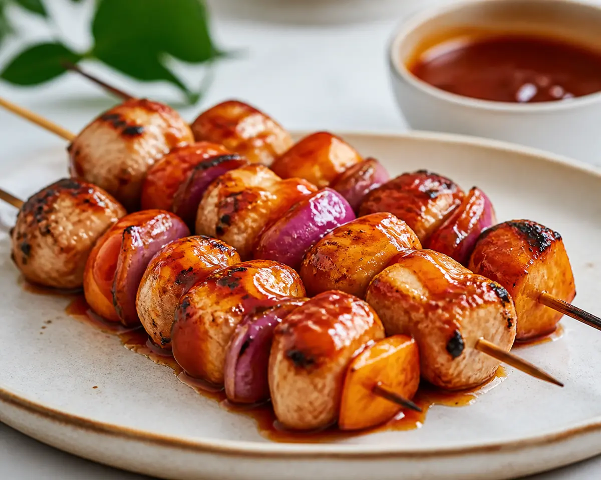 Grilled Chicken Skewers with Sweet Potato, Red Onion, and Guava Chipotle Lime Glaze