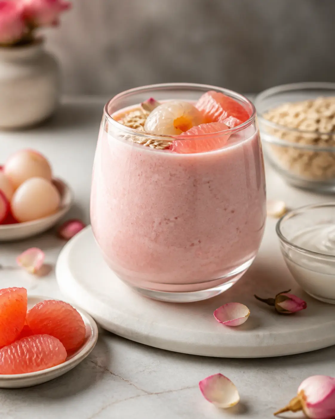 Pink Dew Smoothie with Lychee, Grapefruit and Oats with Rose Water