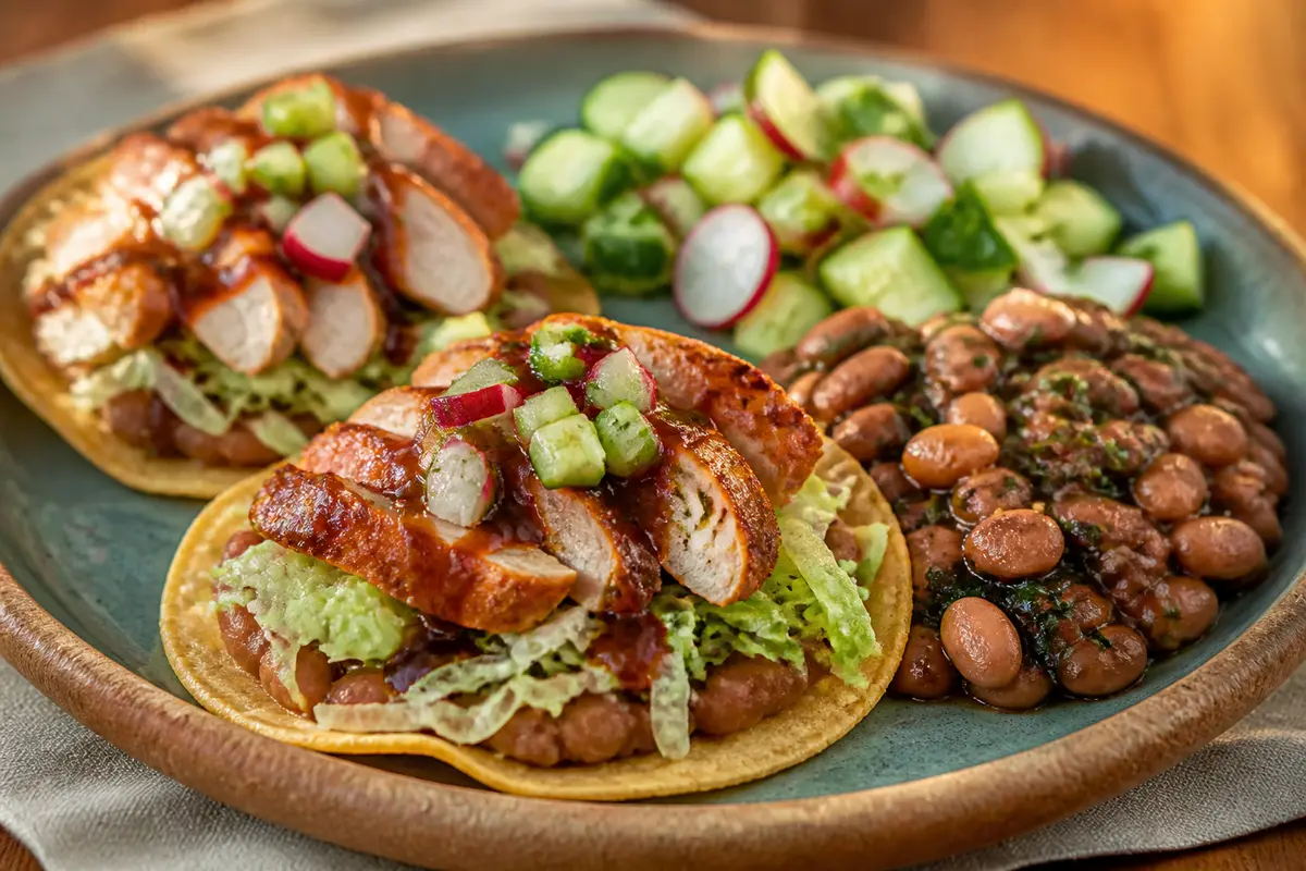 Tostadas de pollo al chile chipotle-ciruela con frijoles bayos al epazote y ensalada crujiente de pepino y rábanos