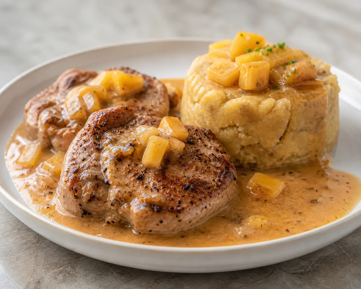 Caribbean Pork Chops with Smoky Pineapple Coconut Sauce and Soft Yuca Mofongo
