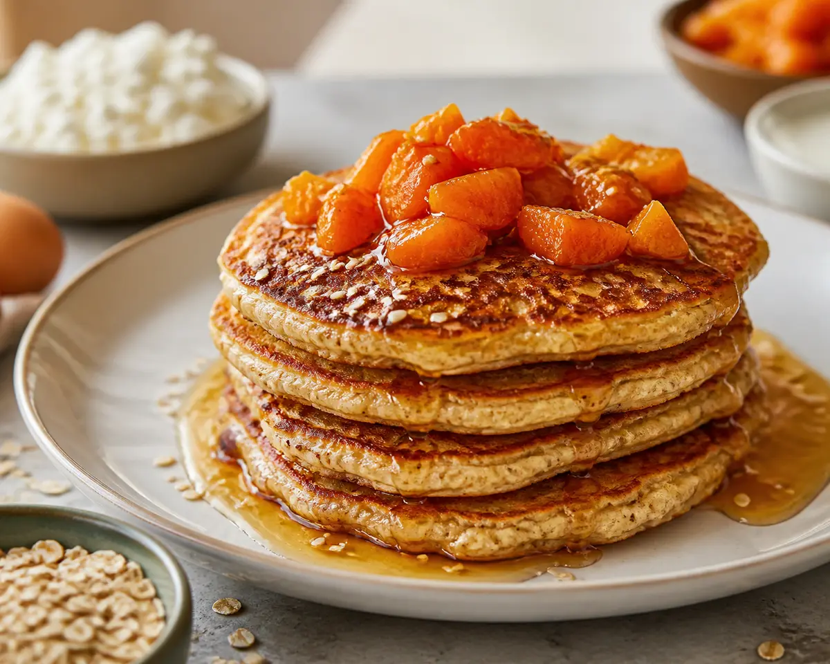 Tortitas de Requesón y Ajonjolí con Chabacano Salteado al Jengibre y Jarabe Tibio de Miel