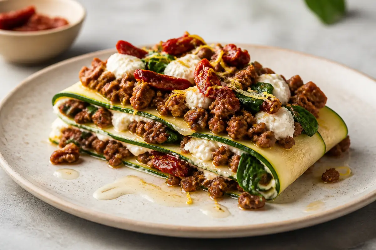 Open Zucchini Lasagna with Sun-Dried Tomato Beef and Light Lemon Ricotta Cream