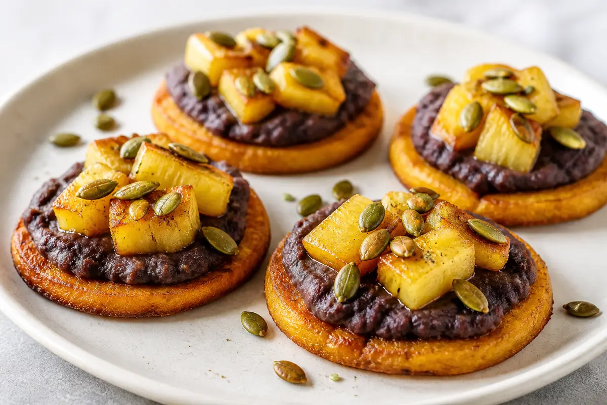 Tostaditas de plátano macho horneado con crema de frijol negro al chipotle, piña asada y pepitas de lima