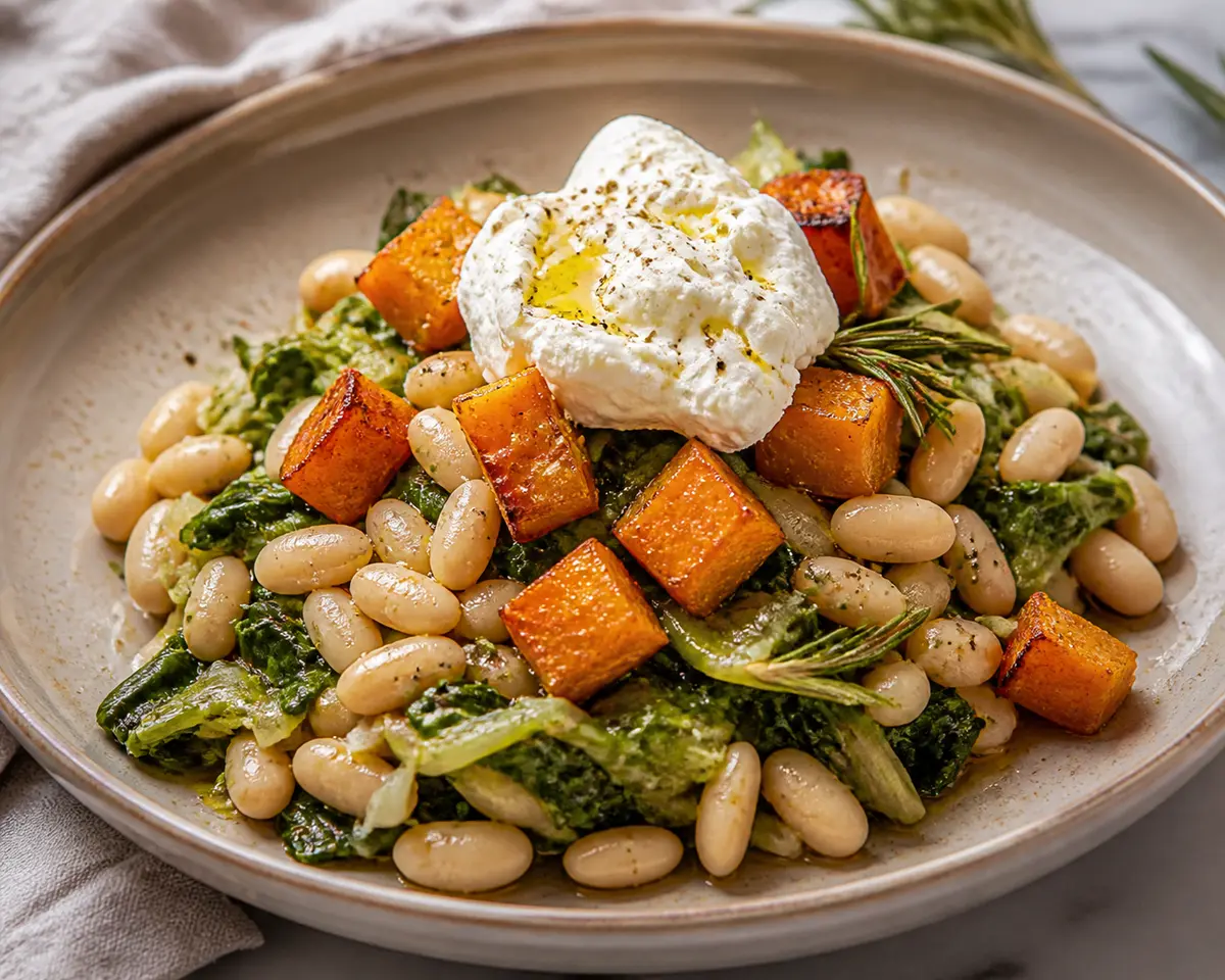 Ensalada tibia de alubias cannellini con calabaza asada al romero, escarola salteada y ricotta batida al limón