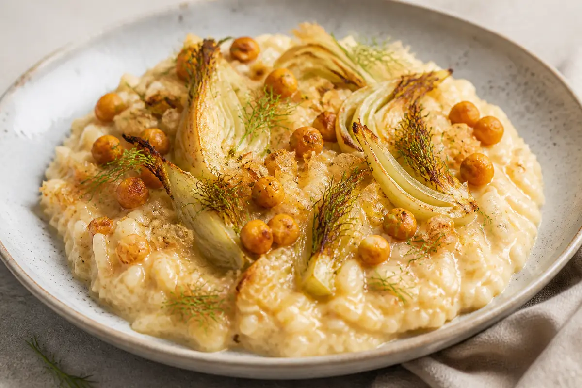 Arroz meloso de hinojo asado, garbanzo crujiente y crema suave de naranja con pecorino