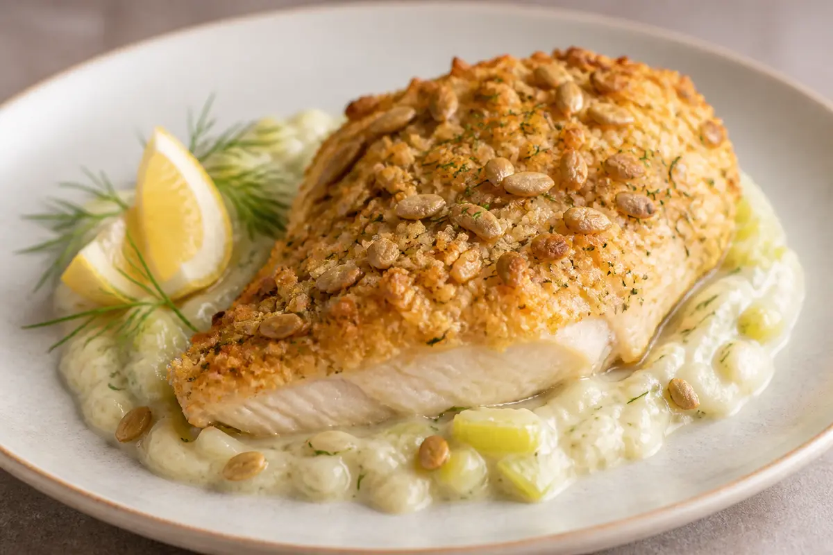 Oven-Baked Chicken with Sunflower Seed, Lemon and Dill Crust over Warm Cauliflower-Leek Cream