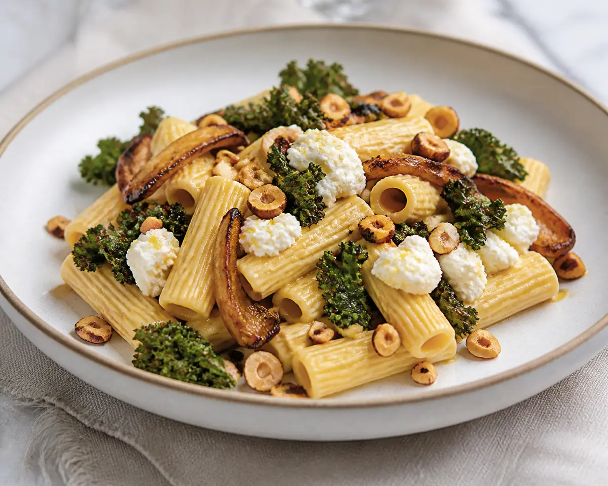 Creamy Tortiglioni with Caramelized Parsnip, Crispy Kale and Lemon Ricotta with Toasted Hazelnuts