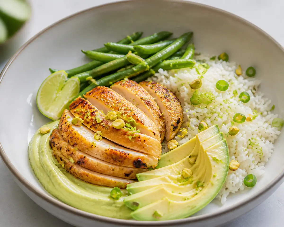 Tazón tibio de pollo al pistache y lima con arroz de cebollín, ejotes salteados y crema ligera de aguacate
