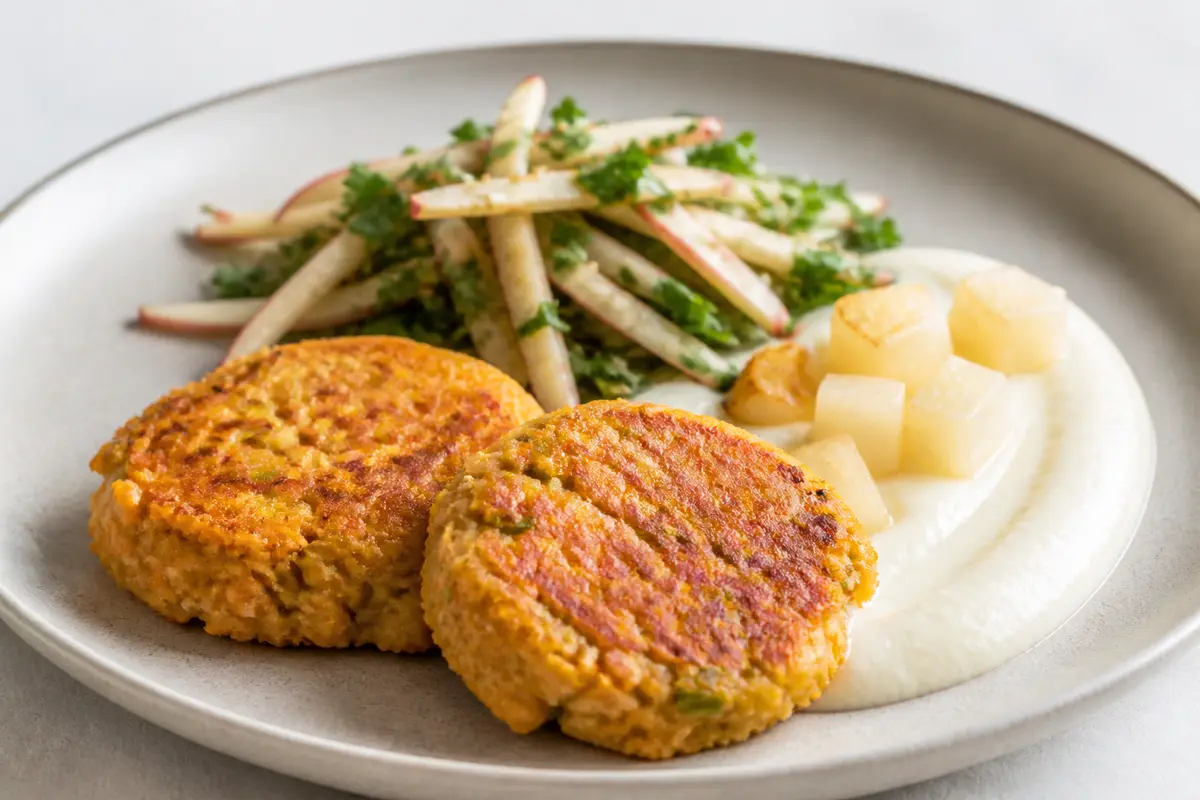 Tortitas de lenteja roja y puerro con crema de colinabo asado al limón y ensalada tibia de manzana, perejil y pipas