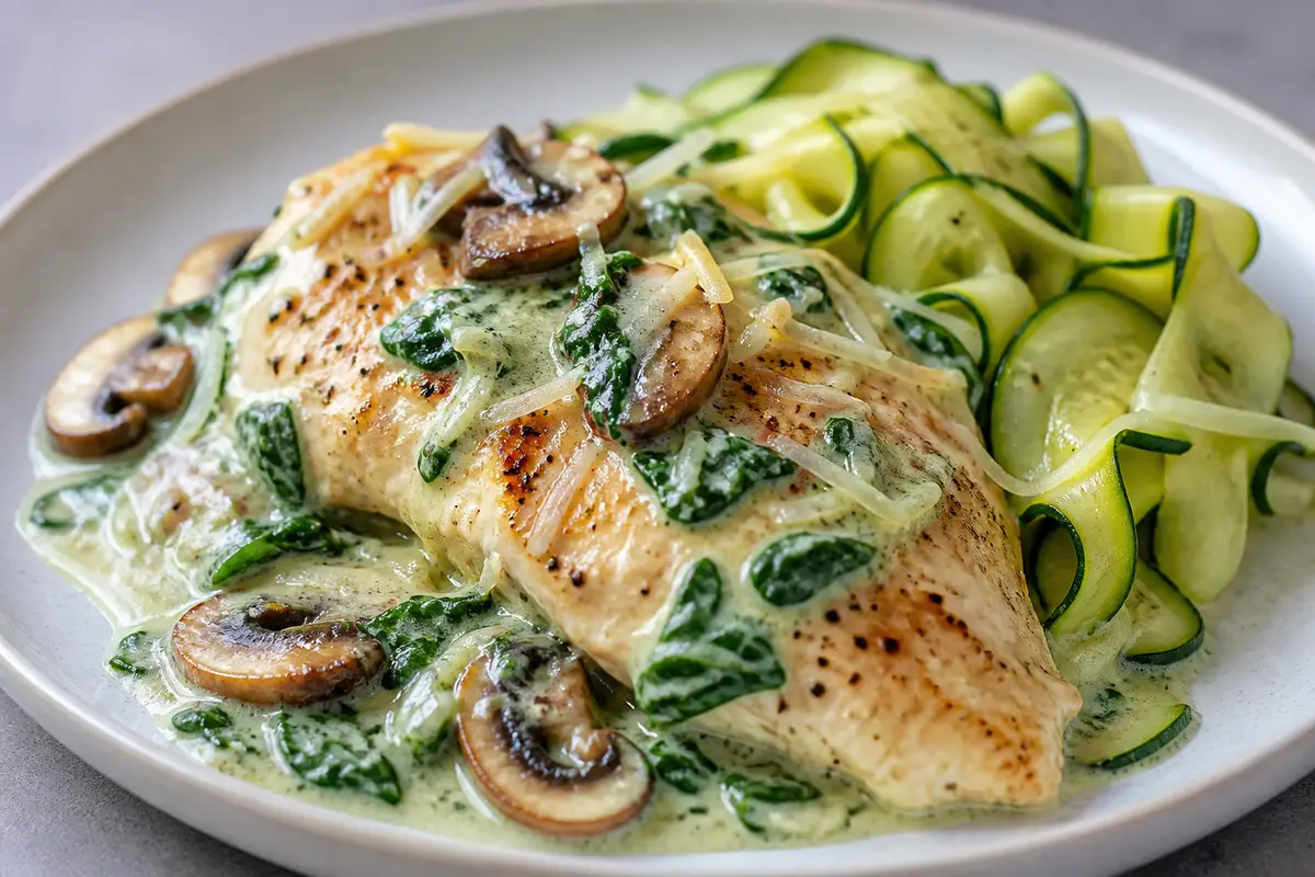 Creamy Spinach Lemon Parmesan Chicken with Golden Mushrooms and Zucchini Ribbons