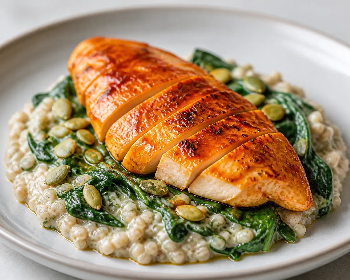 Paprika-yogurt glazed chicken breast over creamy buckwheat with spinach and pumpkin seeds