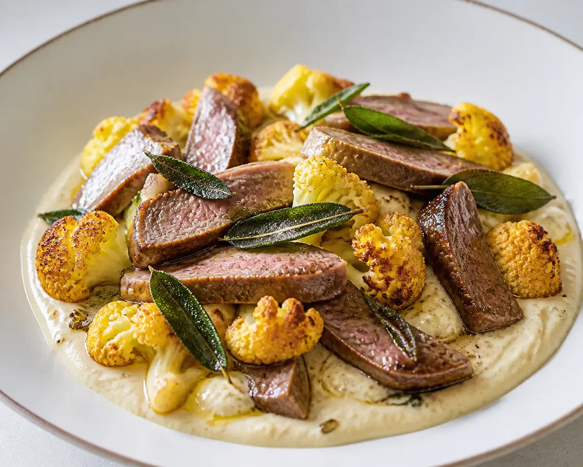 Keto Beef Skillet with Taleggio Cream, Golden Cauliflower and Crispy Sage