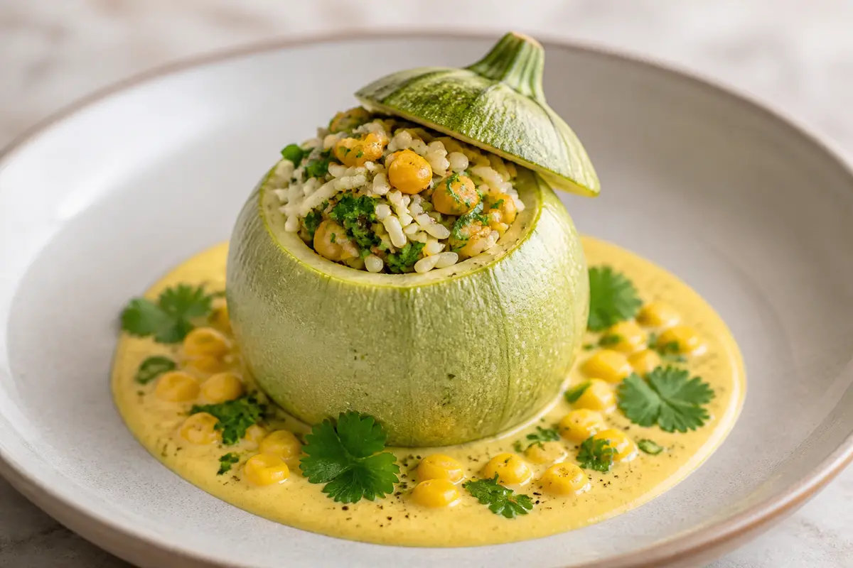 Calabacines luna rellenos de arroz de cilantro, lentejas doradas y salsa de maíz ahumado