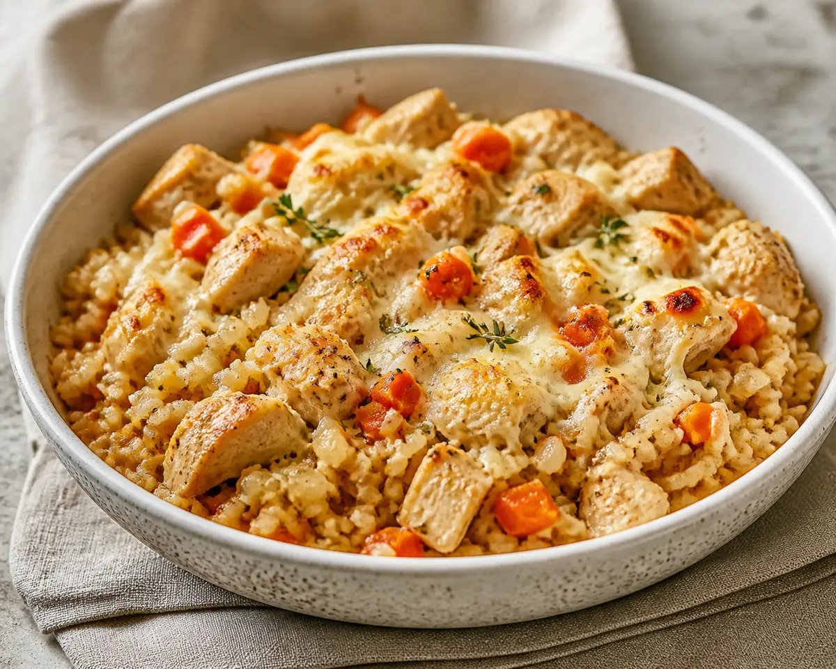 Pastel Familiar de Arroz Integral con Pollo al Tomillo, Zanahoria y Crema de Requesón Gratinada