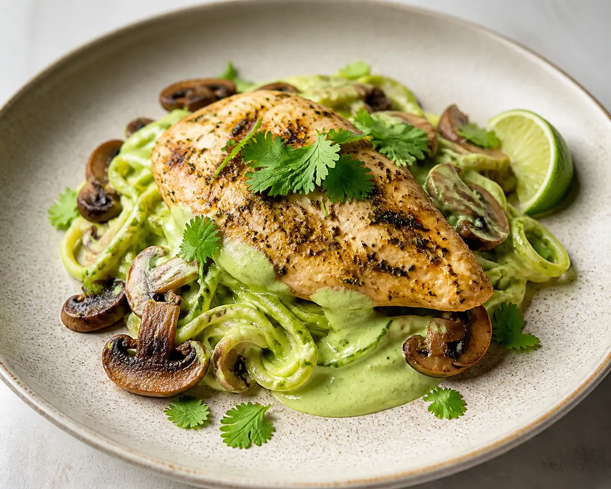 Pollo al cilantro y limón con fideos de chayote, champiñones tostados y crema ligera de aguacate