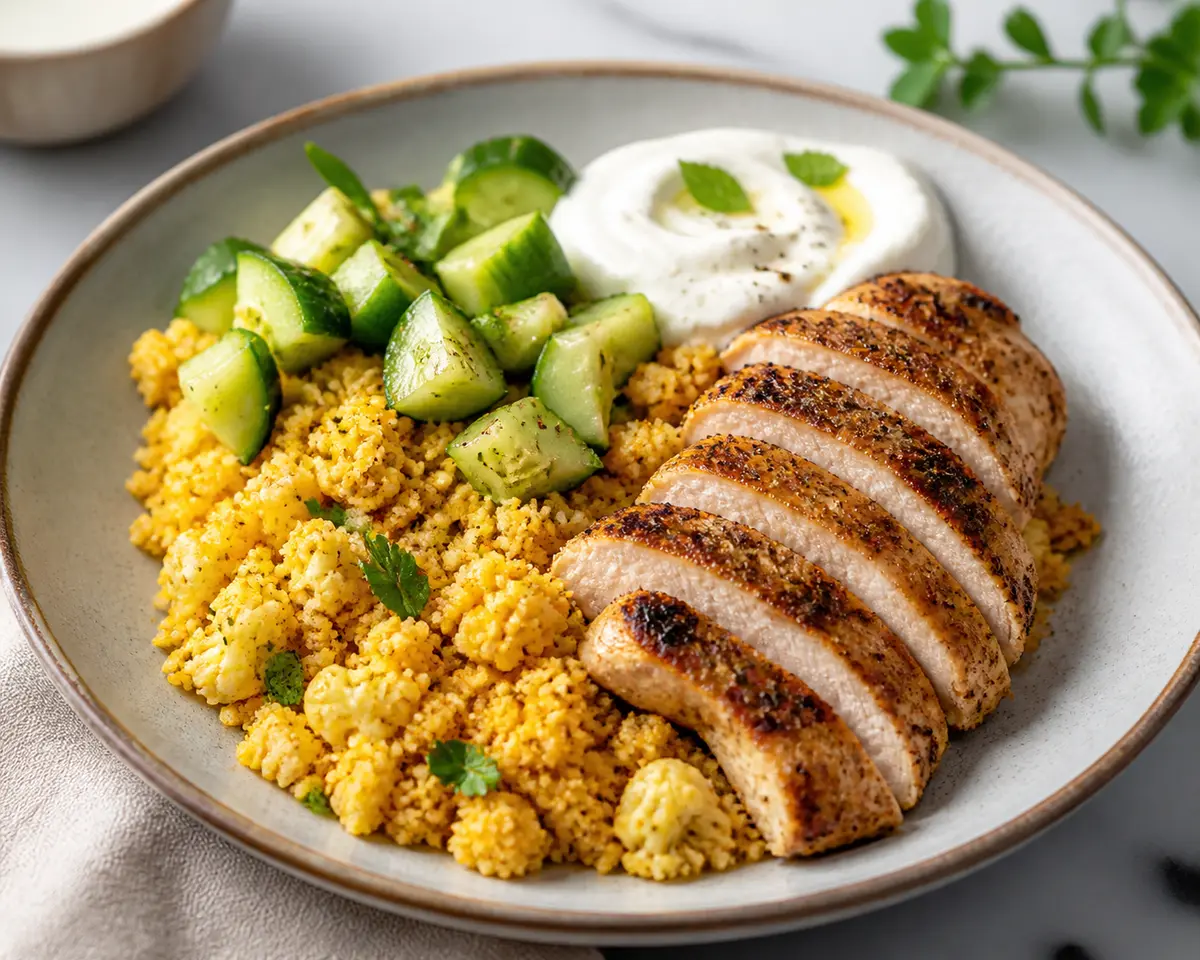 Quick Spiced Cauliflower Couscous with Seared Chicken, Crunchy Cucumber and Tahini Yogurt