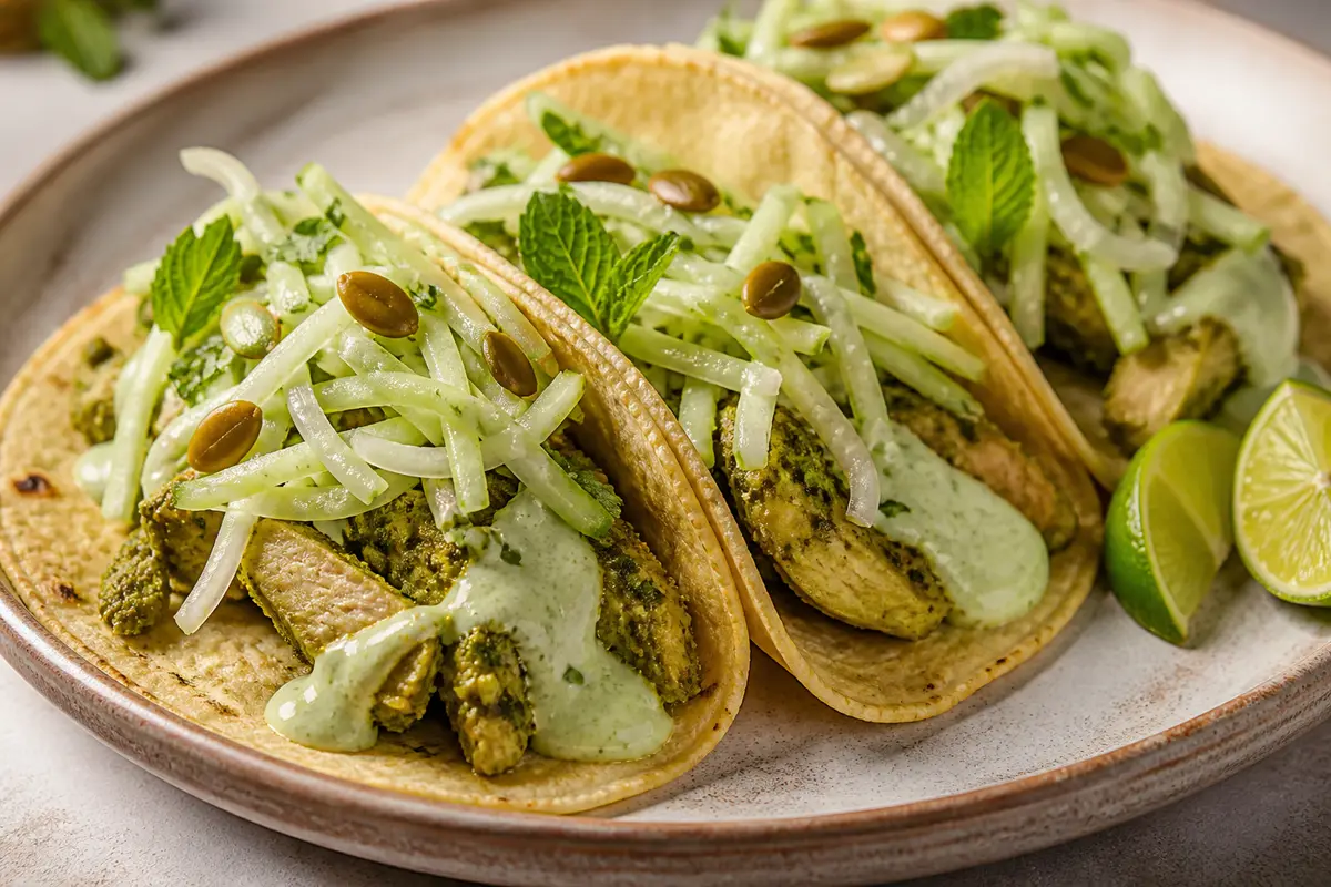 Chicken Tacos with Green Achiote, Pumpkin Seed Crema, and Chayote Mint Slaw