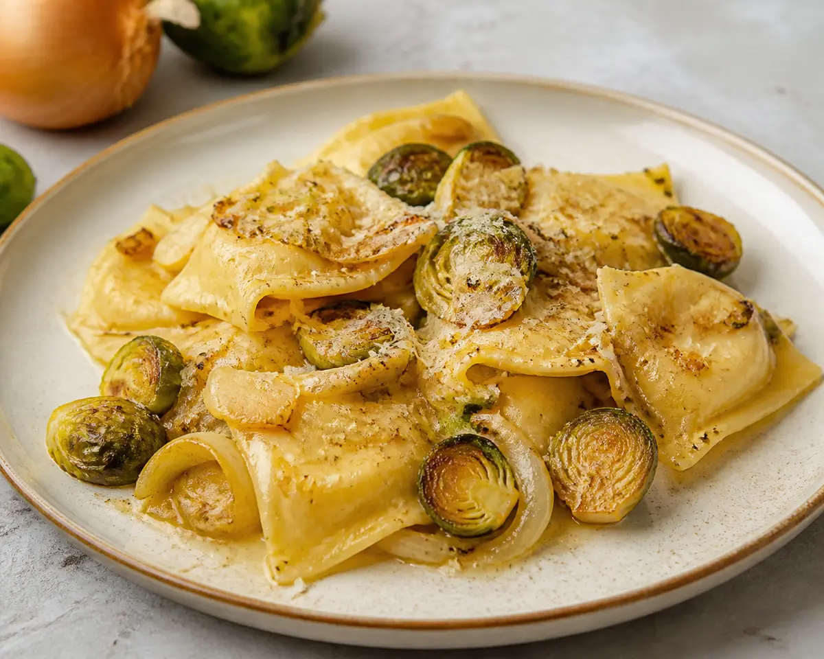 Fazzoletti al horno con crema de cebolla dorada, scamorza, coles de Bruselas crujientes y nuez moscada