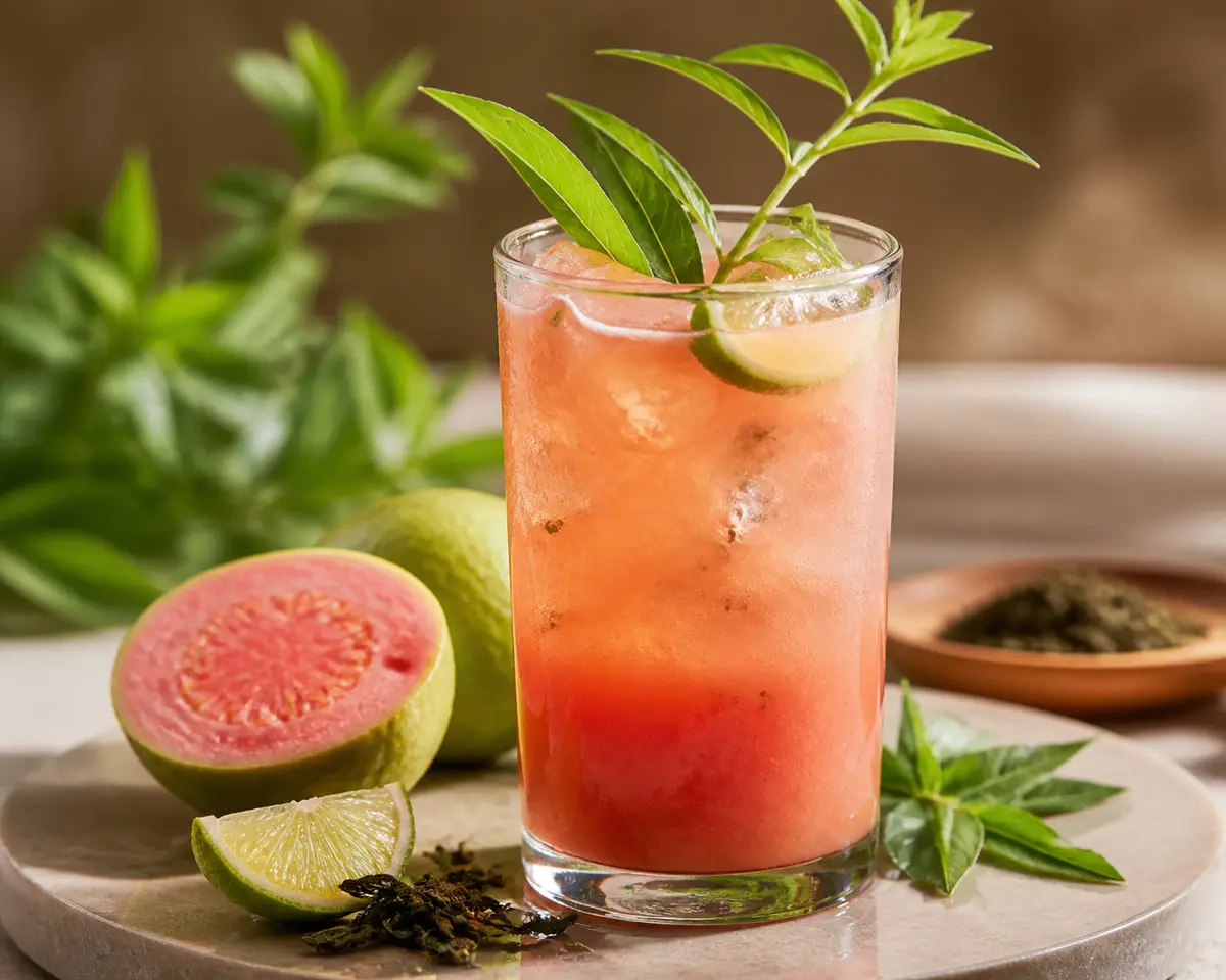 Refresco espumoso de guayaba rosa, lima y té verde tostado con hierbaluisa