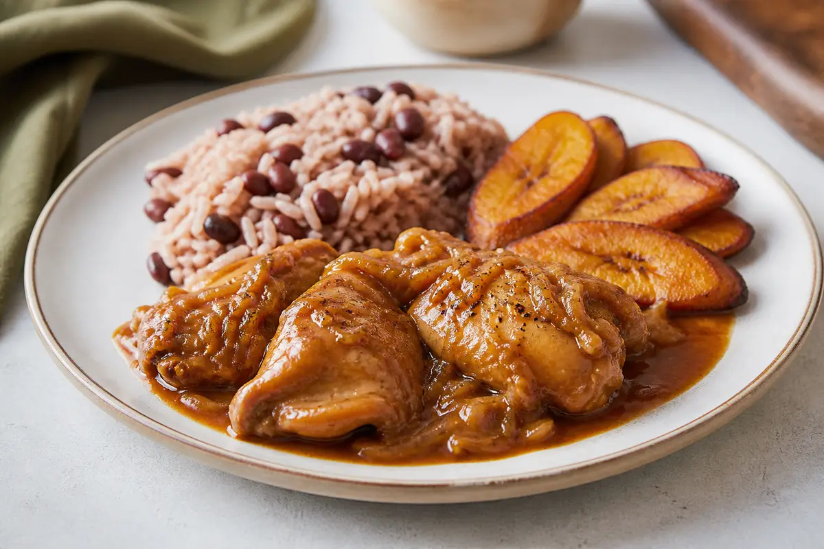 Caribbean Chicken Thighs in Toasted Coconut Tamarind Sauce with Red Bean Rice and Crispy Plantain