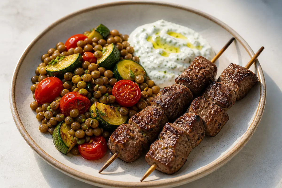 Brochetas Mediterráneas de Cordero al Comino con Ensalada Tibia de Lentejas, Calabacín y Yogur de Hierbas