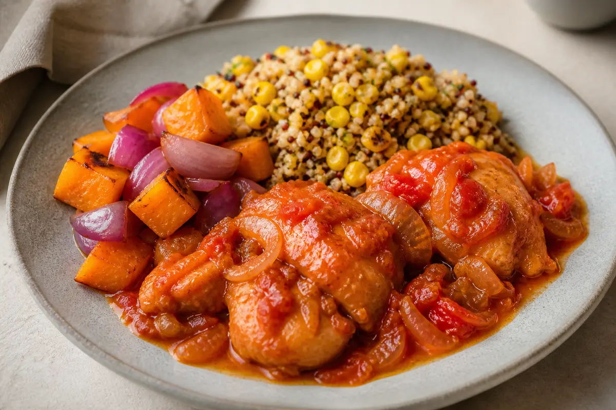 Pollo al adobo de guayaba ahumada con quinoa de maíz tostado y ensalada tibia de calabaza y cebolla morada
