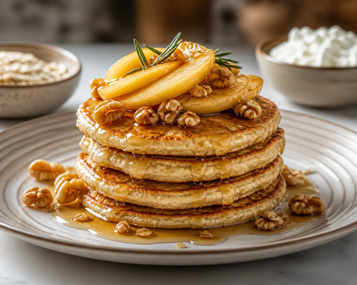 Tortitas Crujientes de Avena y Ricotta con Manzana Dorada al Romero y Miel de Nuez