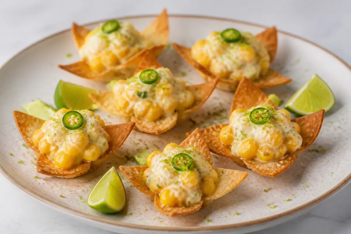 Crujientes de wonton al horno con crema de maíz tostado, jalapeño suave y polvo de lima