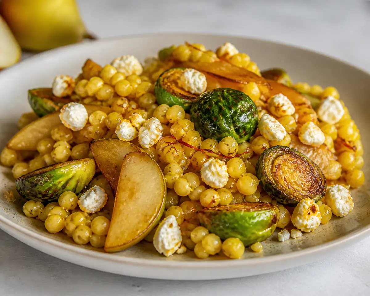 Warm saffron pearl couscous salad with caramelized Brussels sprouts, seared pear, and crispy feta