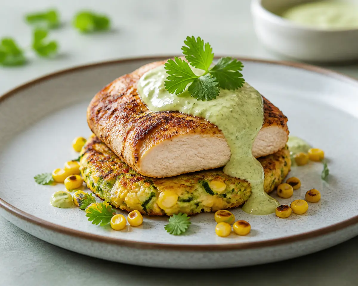 Tortitas saladas de maíz y calabacín con pollo especiado y crema de aguacate al cilantro