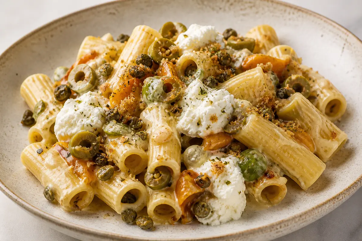 Creamy Rigatoni with Roasted Yellow Pepper, Green Olives and Ricotta with Crispy Capers and Oregano Crumbs