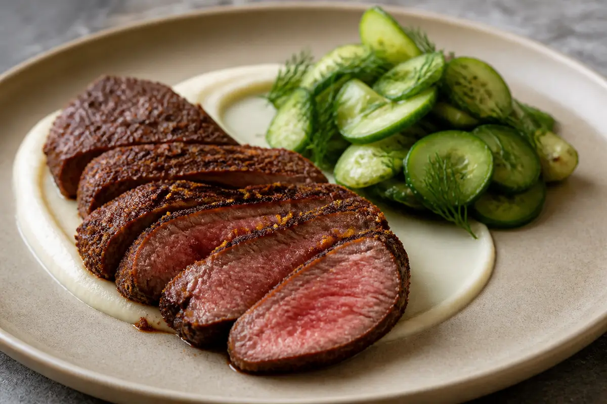 Filete de Res con Costra de Café y Comino, Puré de Chirivía y Ensalada Tibia de Pepino con Eneldo