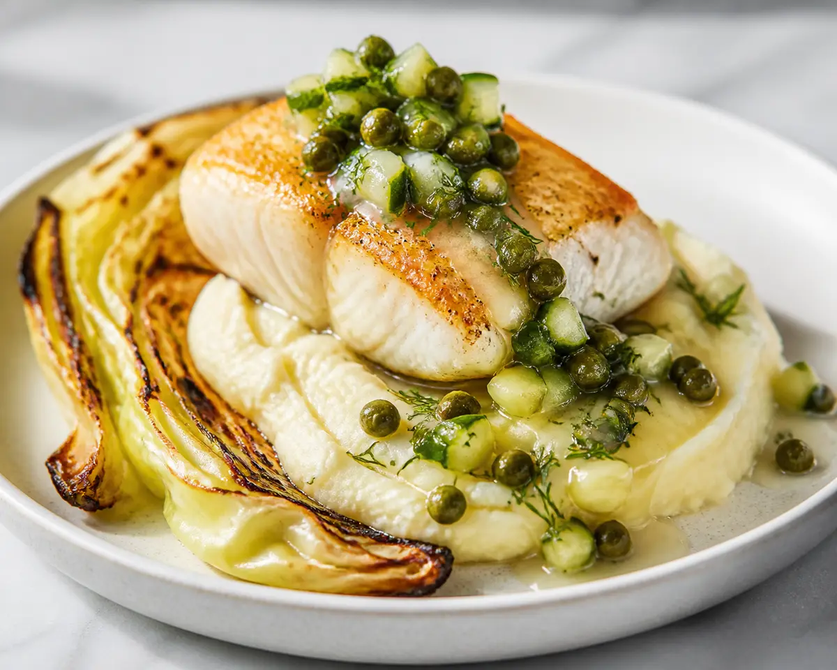 Bacalao dorado con salsa tibia de pepino, eneldo y alcaparras, sobre puré de papa y col asada