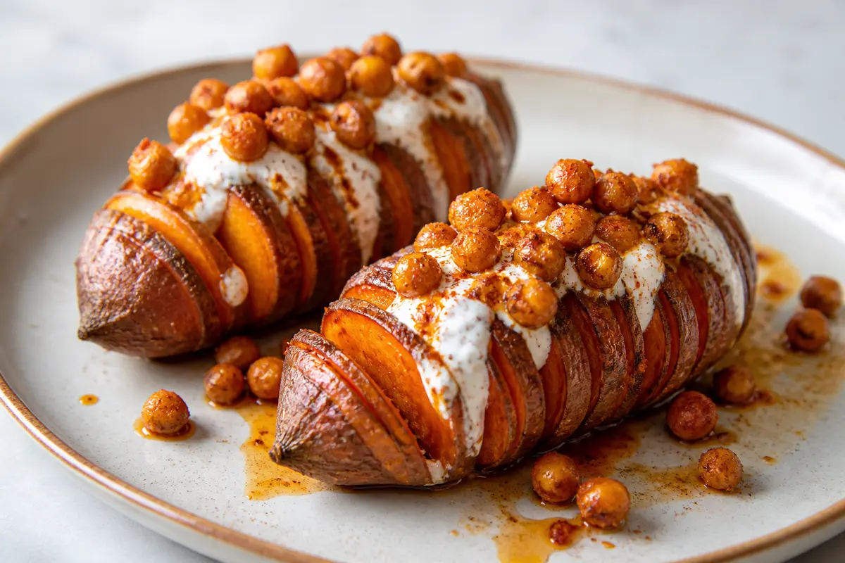 Boniatos Hasselback con crema de queso de cabra, garbanzos crujientes y mantequilla de pimentón
